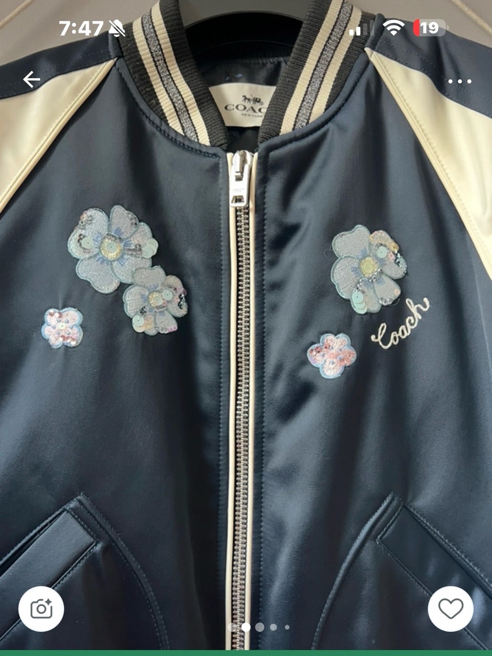 Coach Navy and Cream Floral Appliqué Bomber Jacket - Kids